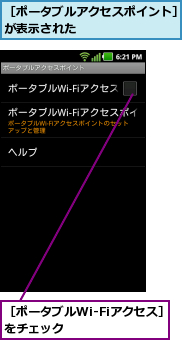 ［ポータブルWi-Fiアクセス］をチェック      ,［ポータブルアクセスポイント］が表示された        