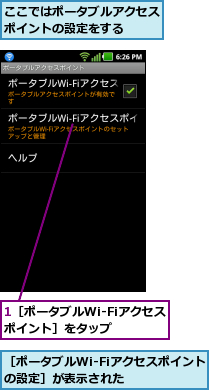 1［ポータブルWi-Fiアクセスポイント］をタップ  ,ここではポータブルアクセスポイントの設定をする  ,［ポータブルWi-Fiアクセスポイントの設定］が表示された    