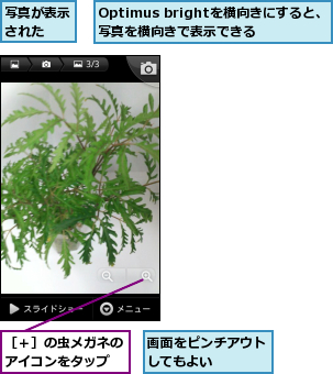 Optimus brightを横向きにすると、写真を横向きで表示できる,写真が表示された  ,画面をピンチアウトしてもよい    ,［＋］の虫メガネのアイコンをタップ