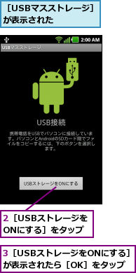 2［USBストレージを  ONにする］をタップ,3［USBストレージをONにする］が表示されたら［OK］をタップ,［USBマスストレージ］が表示された    