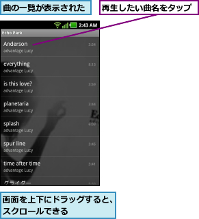 再生したい曲名をタップ,曲の一覧が表示された,画面を上下にドラッグすると、スクロールできる    