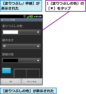 1［塗りつぶしの色］の［▼］をタップ    ,［塗りつぶし/ 枠線］が表示された      ,［塗りつぶしの色］が表示された