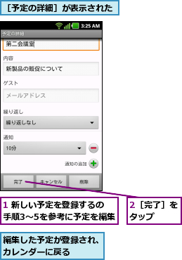 1 新しい予定を登録するの　手順3〜5を参考に予定を編集,2［完了］をタップ　　,編集した予定が登録され、カレンダーに戻る    ,［予定の詳細］が表示された