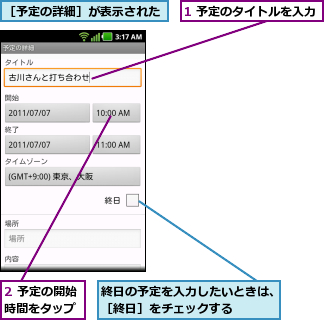1 予定のタイトルを入力,2 予定の開始時間をタップ,終日の予定を入力したいときは、［終日］をチェックする    ,［予定の詳細］が表示された