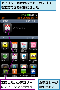 アイコンに枠が表示され、カテゴリーを変更できる状態になった    ,カテゴリーが変更される,変更したいカテゴリーにアイコンをドラッグ