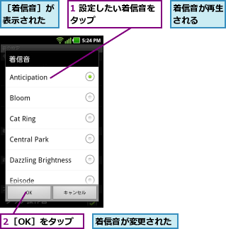 1 設定したい着信音をタップ        ,2［OK］をタップ,着信音が再生される  ,着信音が変更された,［着信音］が表示された