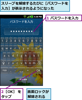 1 パスワードを入力,2［OK］ をタップ  ,スリープを解除するたびに［パスワードを入力］が表示されるようになった    ,画面ロックが解除される