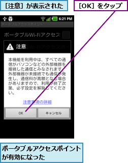 ポータブルアクセスポイントが有効になった      ,［OK］をタップ,［注意］が表示された