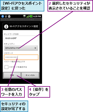 2 選択したセキュリティが表示されていることを確認,3 任意のパスワードを入力,4［保存］をタップ  ,セキュリティの設定が完了する,接続を解除するには手順5で［ポータブルWi-Fiアクセスポイント］のチェックをはずす,［Wi-Fiアクセスポイント設定］に戻った  
