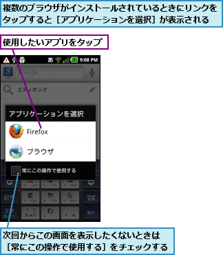 使用したいアプリをタップ,次回からこの画面を表示したくないときは ［常にこの操作で使用する］をチェックする    ,複数のブラウザがインストールされているときにリンクをタップすると［アプリケーションを選択］が表示される