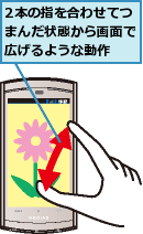 2本の指を合わせてつまんだ状態から画面で広げるような動作