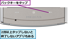 2回以上タップしないと終了しないアプリもある,バックキーをタップ