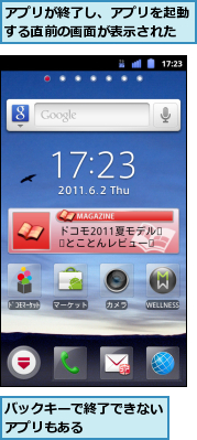 アプリが終了し、アプリを起動する直前の画面が表示された,バックキーで終了できないアプリもある　　　　　