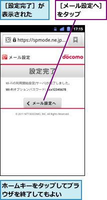 ホームキーをタップしてブラウザを終了してもよい　　,［メール設定へ］をタップ　　　　,［設定完了］が表示された　　