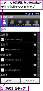 1 メールを送信したい連絡先のチェックボックスをタップ　　,2［決定］をタップ
