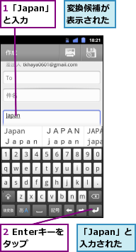 1「Japan」と入力,2 Enterキーをタップ,「Japan」と入力された,変換候補が表示された