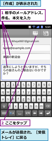 1 相手のメールアドレス、件名、本文を入力　　　　　,2 ここをタップ,メールが送信され、［受信トレイ］に戻る　　　　　,［作成］が表示された