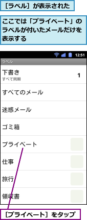 ここでは「プライベート」のラベルが付いたメールだけを表示する,［プライベート］をタップ,［ラベル］が表示された