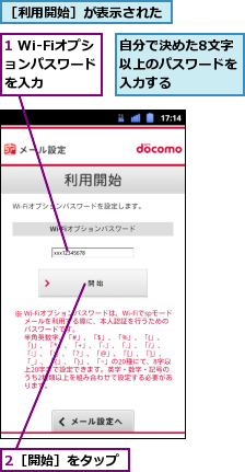 1 Wi-Fiオプションパスワード　を入力,2［開始］をタップ,自分で決めた8文字以上のパスワードを入力する,［利用開始］が表示された