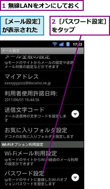1 無線LANをオンにしておく,2［パスワード設定］をタップ　　　　　,［メール設定］が表示された