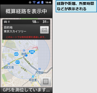 経路や距離、所要時間などが表示される　　