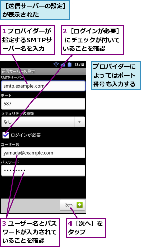 1 プロバイダーが指定するSMTPサ　ーバー名を入力,2［ログインが必要］ にチェックが付いていることを確認,3 ユーザー名とパスワードが入力されて　いることを確認,4［次へ］をタップ　　,プロバイダーによってはポート番号も入力する,［送信サーバーの設定］が表示された　　　　