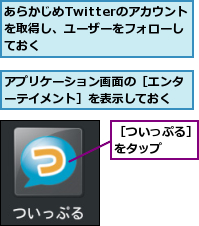 あらかじめTwitterのアカウントを取得し、ユーザーをフォローしておく,アプリケーション画面の［エンターテイメント］を表示しておく,［ついっぷる］をタップ　　