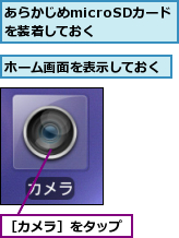 あらかじめmicroSDカードを装着しておく　　,ホーム画面を表示しておく,［カメラ］をタップ