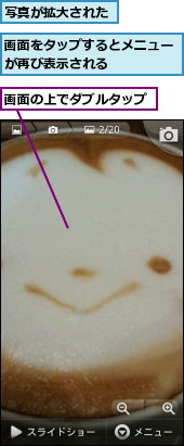 写真が拡大された,画面の上でダブルタップ,画面をタップするとメニューが再び表示される　　　　　