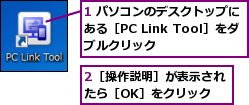 1 パソコンのデスクトップにある［PC Link Tool］をダブルクリック,2［操作説明］が表示されたら［OK］をクリック