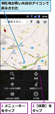 1 メニューキーをタップ　　　,2［経路］をタップ　　,現在地が青い矢印のアイコンで表示された　　　　　　　　