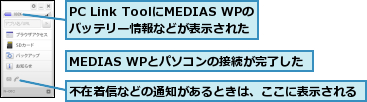 MEDIAS WPとパソコンの接続が完了した,PC Link ToolにMEDIAS WPのバッテリー情報などが表示された　　　,不在着信などの通知があるときは、ここに表示される