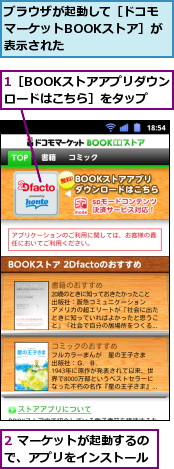 1［BOOKストアアプリダウンロードはこちら］をタップ,2 マーケットが起動するので、アプリをインストール,ブラウザが起動して［ドコモマーケットBOOKストア］が表示された