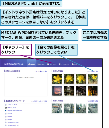 MEDIAS WPに保存されている連絡先、ブックマーク、画像、動画の一部が表示された,ここでは画像の一覧を確認する,［MEDIAS PC Link］が表示された,［イントラネット設定は既定でオフになりました］と表示されたときは、情報バーをクリックして、［今後、このメッセージを表示しない］をクリックする,［ギャラリー］をクリック　　　,［全ての画像を見る］をクリックしてもよい　　