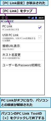 PC Linkがオフになり、パソコンとの接続が解除された　　,パソコンのPC Link Toolの［×］をクリックして終了する,［PC Link設定］が表示された,［PC Link］をタップ