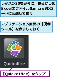 アプリケーション画面の［便利ツール］を表示しておく　　,レッスン30を参考に、あらかじめExcelのファイルをmicroSDカードに転送しておく,［Quickoffice］をタップ