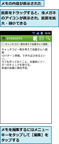 メモの内容が表示された,メモを編集するにはメニューキーをタップして［編集］をタップする,画面をドラッグすると、虫メガネのアイコンが表示され、画面を拡大・縮小できる