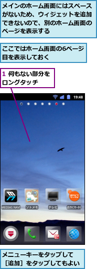 1 何もない部分をロングタッチ　　,ここではホーム画面の6ページ目を表示しておく　　　　　　,メインのホーム画面にはスペースがないため、ウィジェットを追加できないので、別のホーム画面のページを表示する,メニューキーをタップして　［追加］をタップしてもよい
