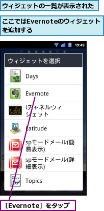 ここではEvernoteのウィジェットを追加する　　　　　,ウィジェットの一覧が表示された,［Evernote］をタップ