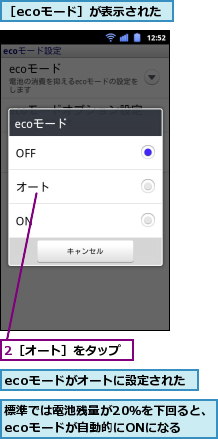 2［オート］をタップ,ecoモードがオートに設定された,標準では電池残量が20％を下回ると、ecoモードが自動的にONになる　　,［ecoモード］が表示された