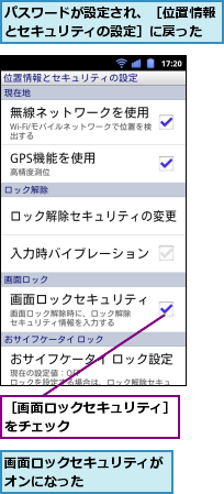 パスワードが設定され、［位置情報とセキュリティの設定］に戻った,画面ロックセキュリティがオンになった　　　　　　,［画面ロックセキュリティ］をチェック　　　　　　　