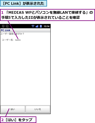 1 「MEDIAS WPとパソコンを無線LANで接続する」の手順5で入力したIDが表示されていることを確認,2［はい］をタップ,［PC Link］が表示された