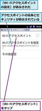 アクセスポイントの名称とセキュリティが表示されている,［Wi-Fiアクセスポイントの設定］が表示された,［Wi-Fiアクセスポイント］をタップ　　　　　　