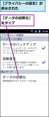 ［データの初期化］をタップ　　　　　,［プライバシーの設定］が表示された　　　　　　　