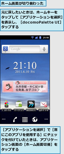 ホーム画面が切り替わった,元に戻したいときは、ホームキーを  タップして［アプリケーションを選択］を表示し、［docomoPalette UI］をタップする,［アプリケーションを選択］で［常にこのアプリを使用する］にチェックを付けていたときは、アプリケーション画面の［ホーム画面切替］をタップする