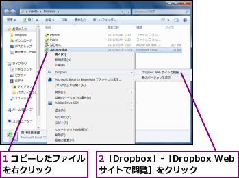 1 コピーしたファイルを右クリック　　　　,2［Dropbox］-［Dropbox Webサイトで閲覧］をクリック