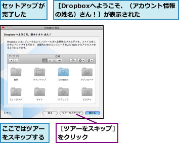 ここではツアーをスキップする,セットアップが完了した  ,［Dropboxへようこそ、（アカウント情報の姓名）さん！］が表示された  ,［ツアーをスキップ］をクリック    