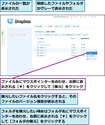 ファイルの一覧が表示された  ,ファイル名にマウスポインターを合わせ、右側に表示される［▼］をクリックして［復元］をクリック,フォルダを復元したい場合はフォルダ名にマウスポインターを合わせ、右側に表示される［▼］をクリックして［フォルダの復元］をクリックする,削除したファイルやフォルダがグレーで表示された  ,復元したいファイル名をクリックすると、そのファイルのバージョン履歴が表示される  