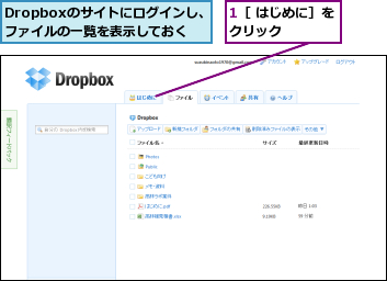 1［ はじめに］をクリック    ,Dropboxのサイトにログインし、ファイルの一覧を表示しておく