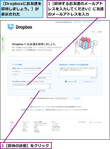 1［招待するお友達のメールアドレスを入力してください］に友達のメールアドレスを入力,2［招待の送信］をクリック,［Dropboxにお友達を招待しましょう。］が表示された
